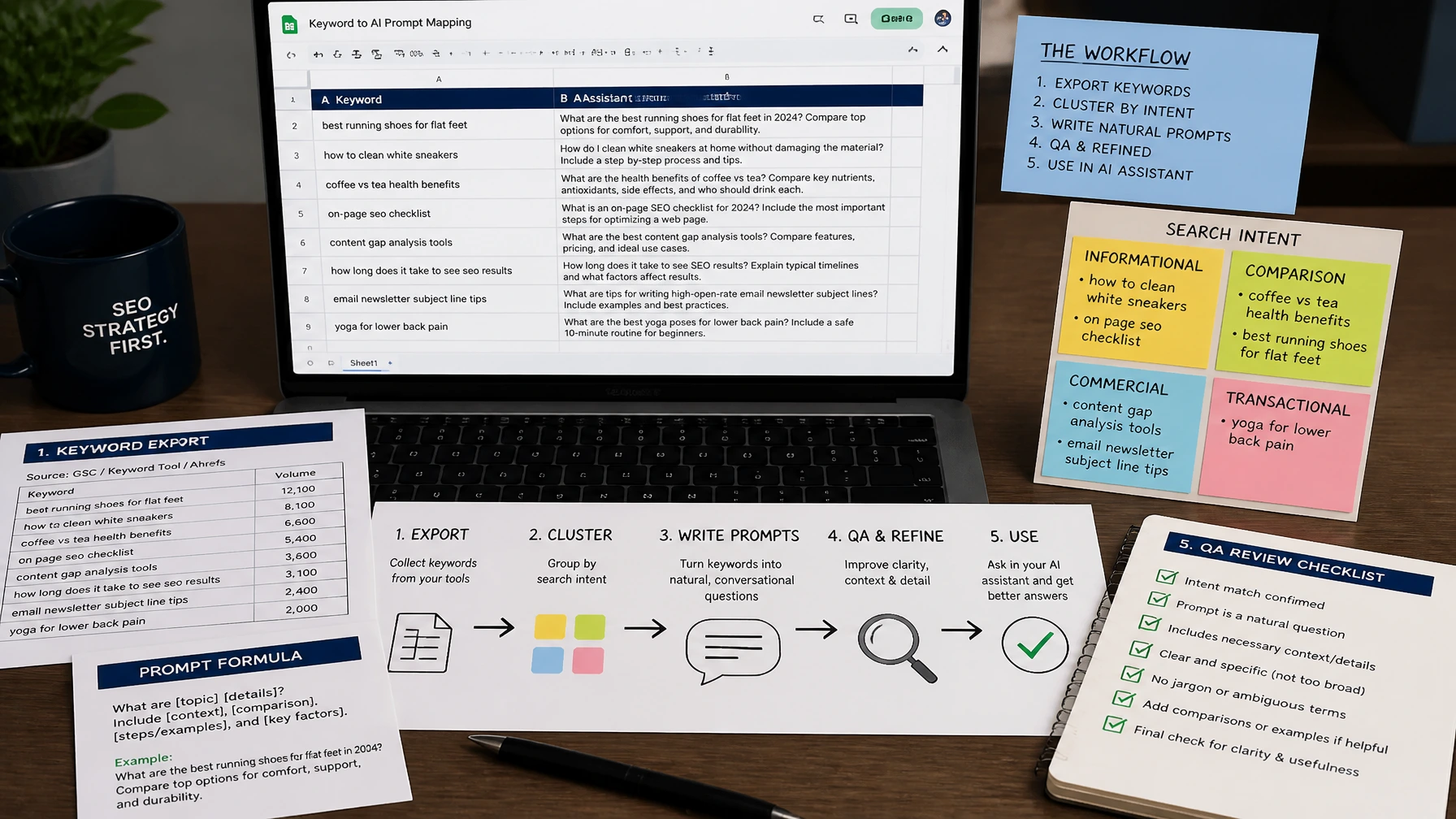 Concrete OpenArt workflow showing a keyword export, AI prompt formula, intent groups, QA checklist, and a Google Sheets prompt mapping table