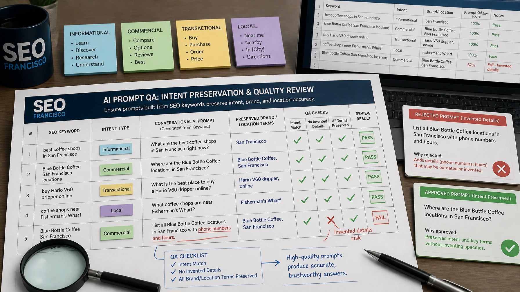 Concrete OpenArt QA matrix showing SEO keywords, intent types, conversational prompts, preserved brand and location terms, and pass or fail review marks