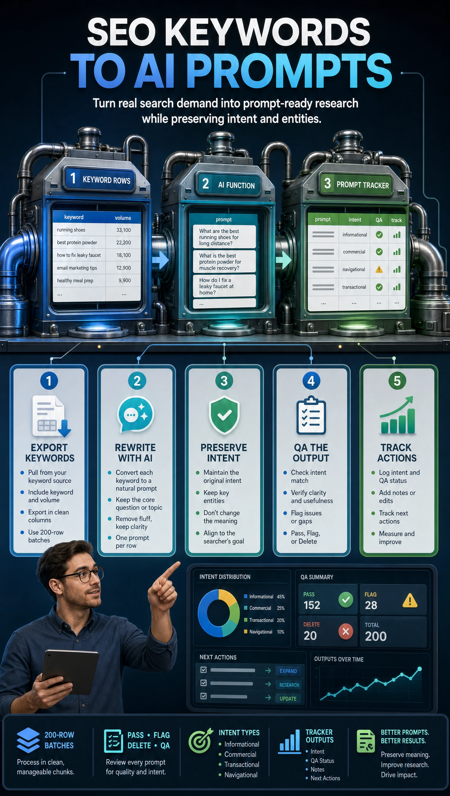 Vertical infographic showing the SEO keyword to AI prompt workflow: export keyword rows, rewrite with an AI function, preserve intent, QA the output, and track content actions