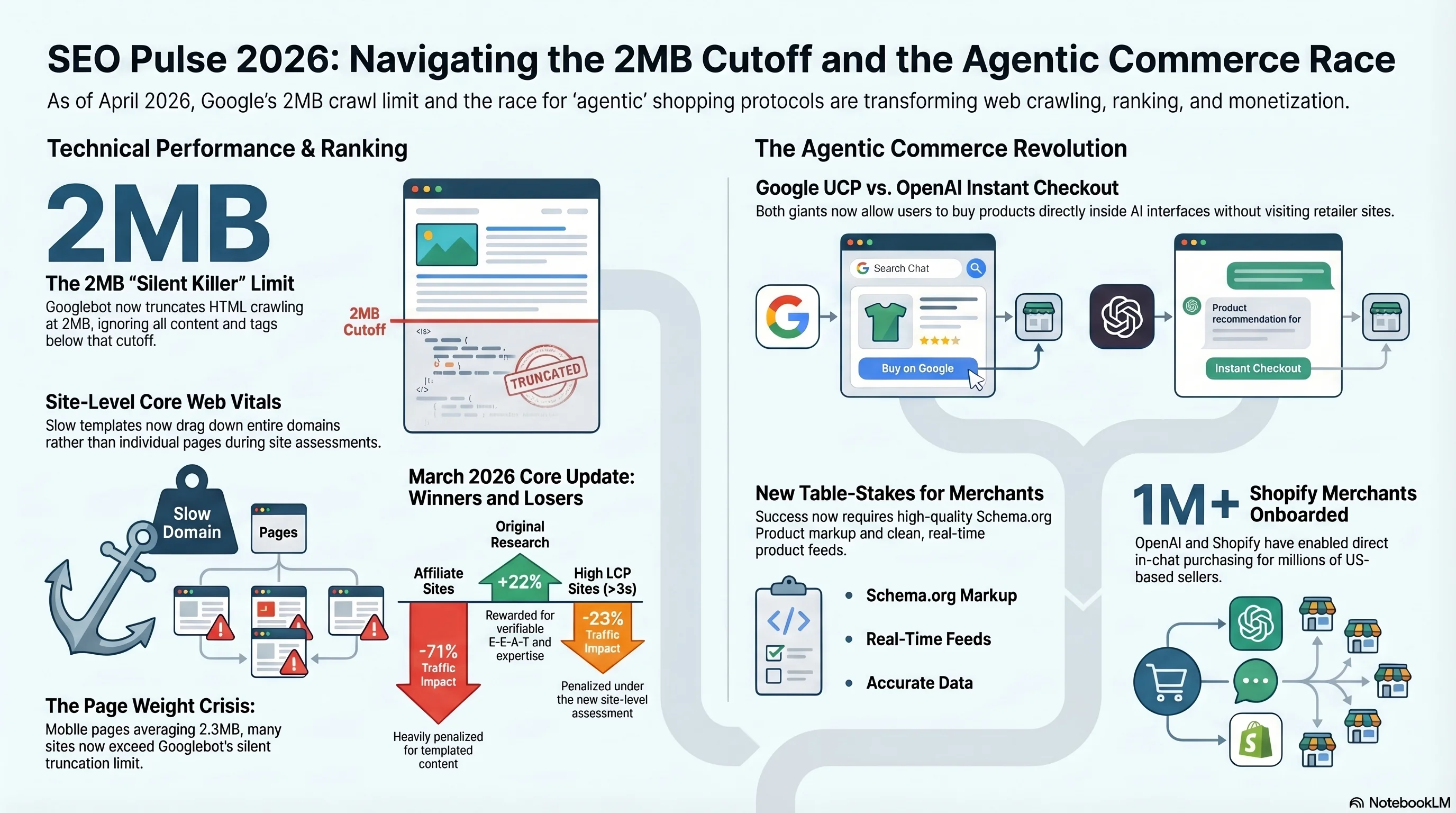 Visual infographic summary: SEO Pulse 2026 covering the 2MB crawl cutoff, agentic commerce revolution, March 2026 core update winners and losers, site-level Core Web Vitals, and page weight crisis