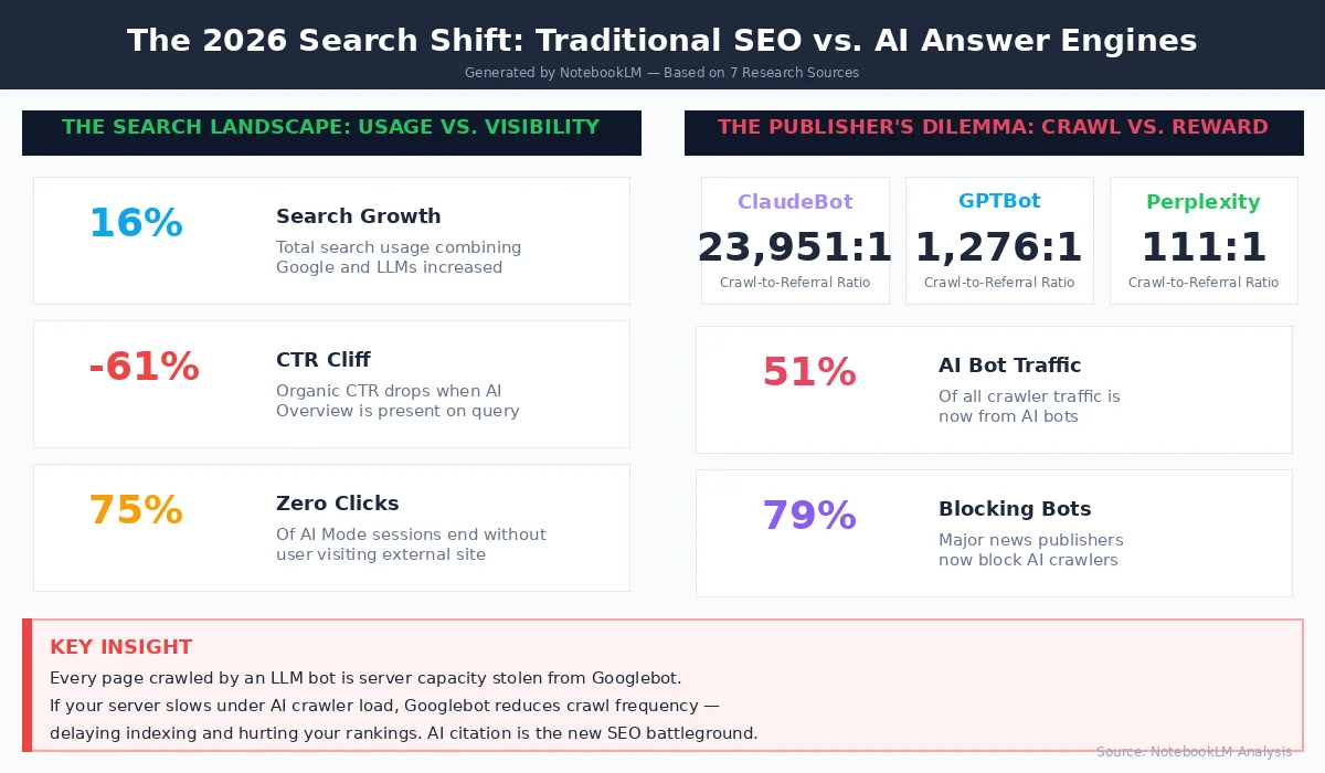 The 2026 Search Shift: Traditional SEO vs AI Answer Engines infographic with key statistics