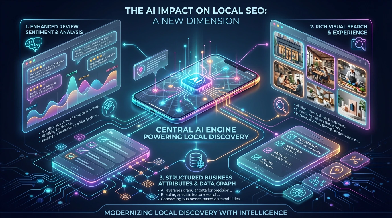 Infographic: AI impact on local SEO — enhanced review sentiment analysis, rich visual search, structured business attributes and data graph powered by central AI engine