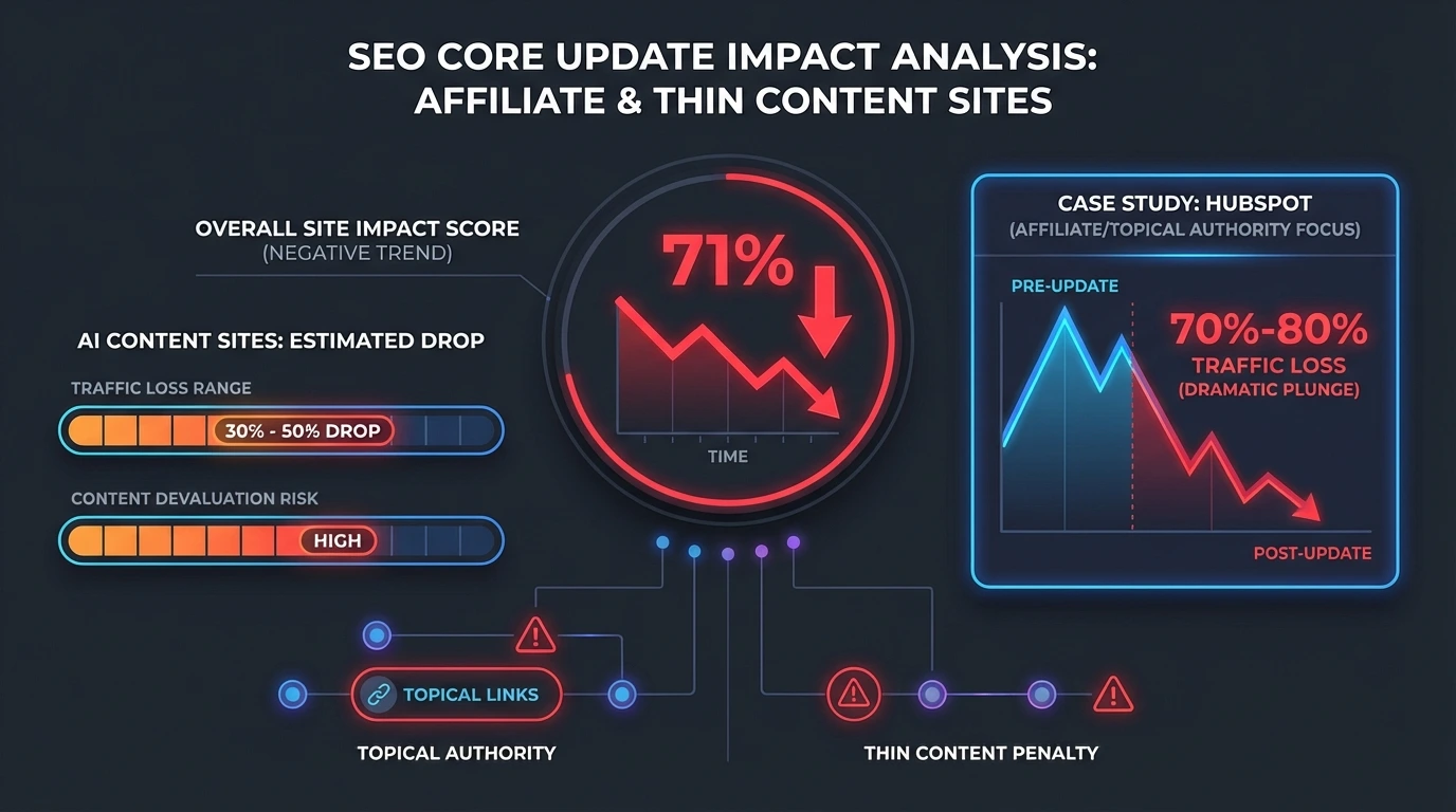 Infographic: SEO core update impact analysis showing 71% affiliate site drop, 30-50% AI content decline, HubSpot 70-80% traffic loss case study