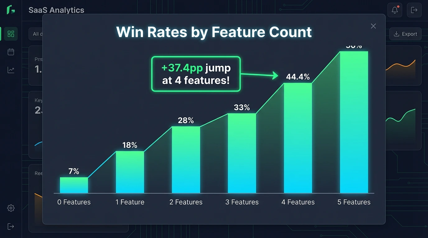 Bar chart showing win rates climbing from 13.5% with zero features to 69.7% with five features