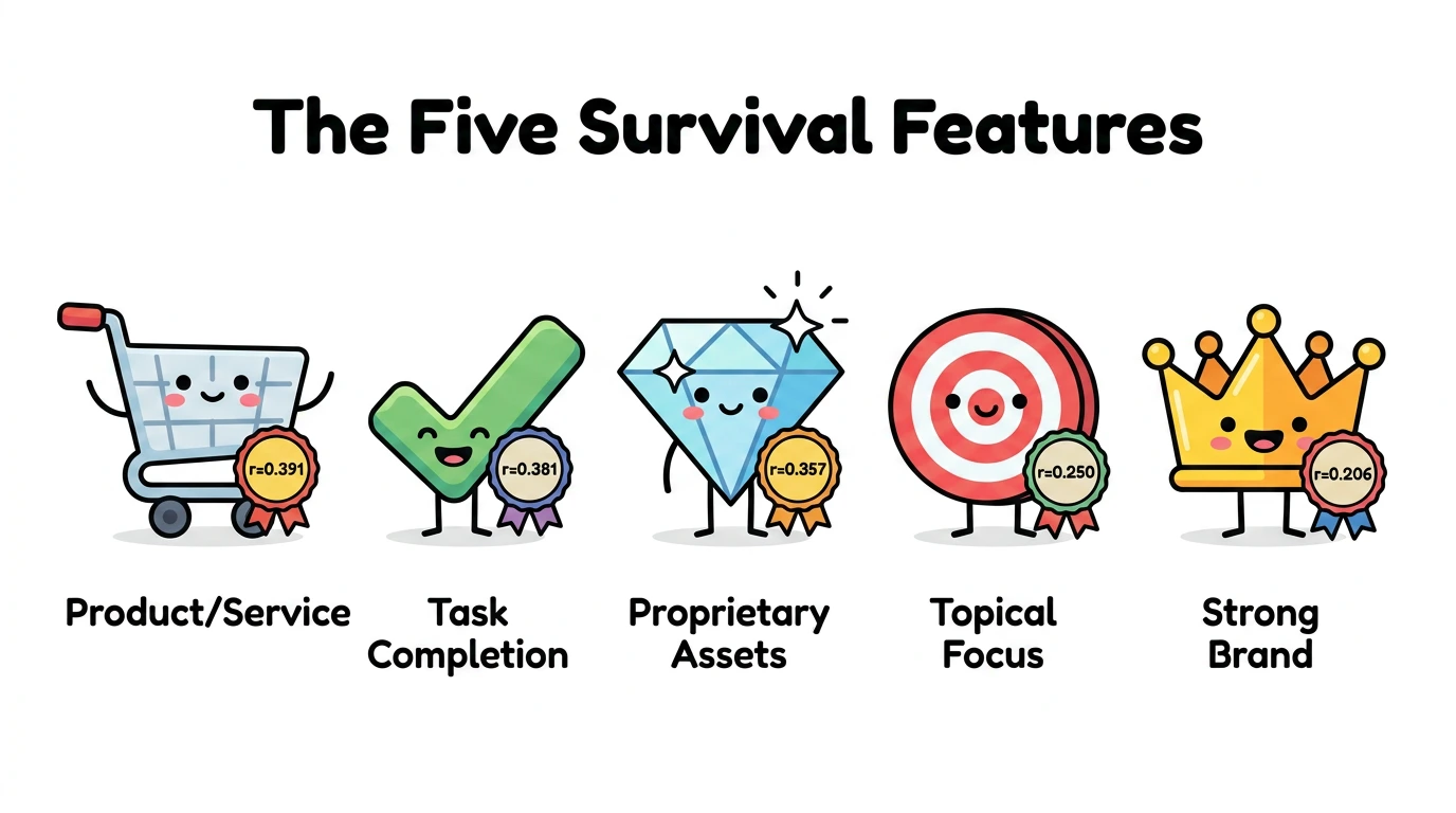 Five features that predict zero-click survival with correlation data