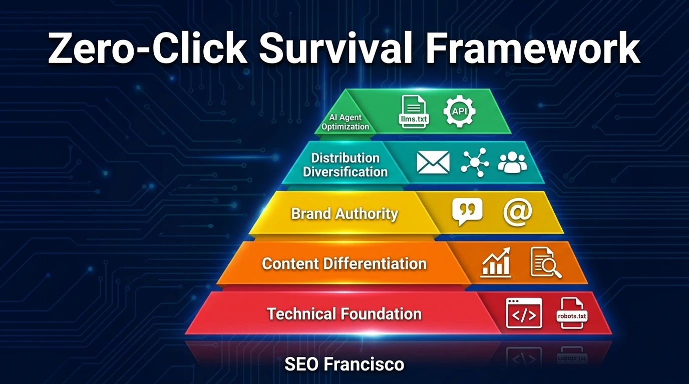 SEO Francisco Zero-Click Survival Framework showing 5 strategic layers